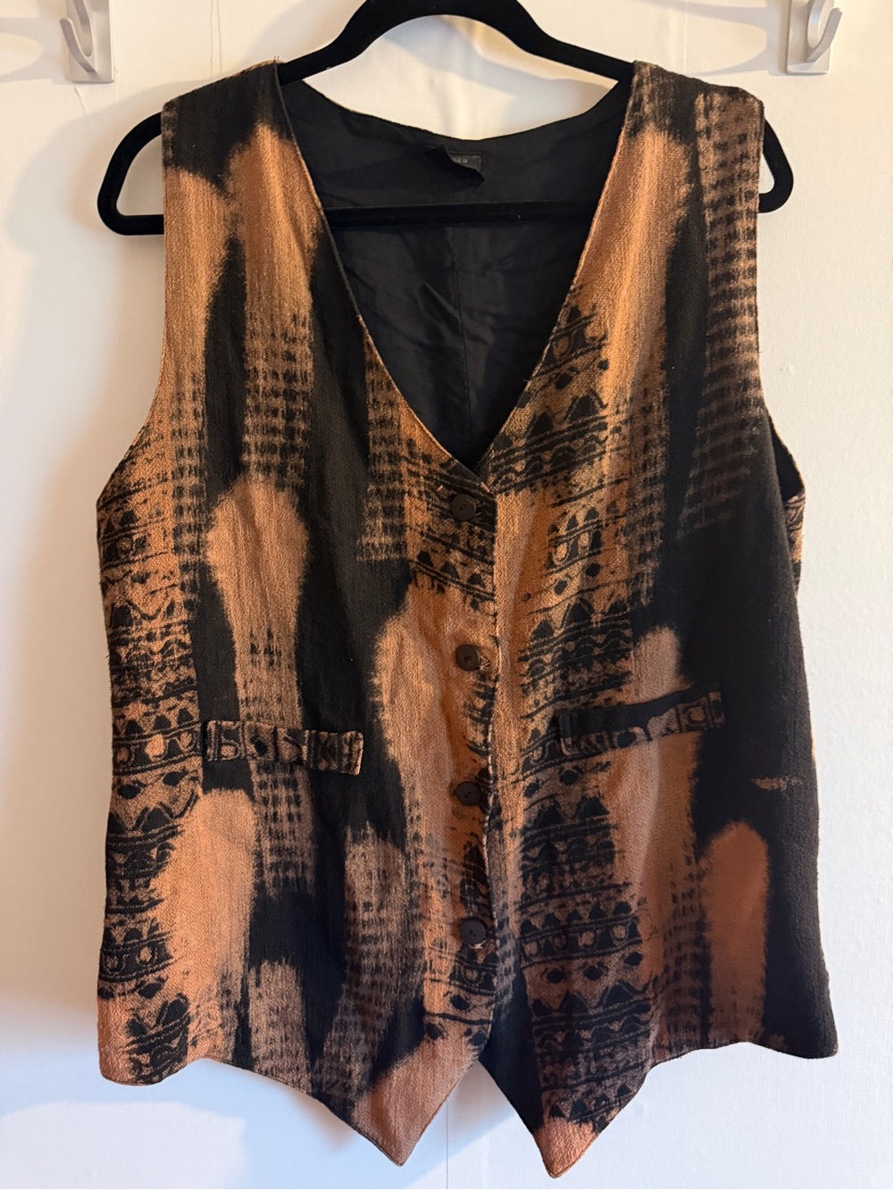 Vintage Bali Bali Handmade Indonesia Rayon Boho Vest L Brown Black Button